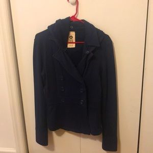 light and casual navy blue pea coat with a hood